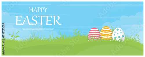 Happy Easter Spring Landscape Banner with Colorful Eggs on Green Grass