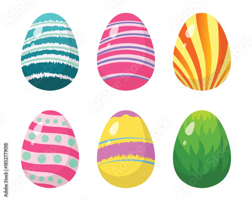 Set of Colorful Decorative Easter Eggs with Modern Patterns Isolated on White Background
