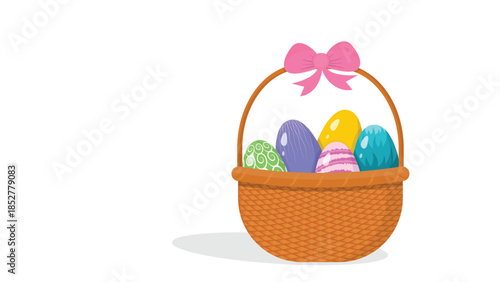 Easter Basket with Colorful Decorative Eggs and Pink Ribbon Isolated on White Background