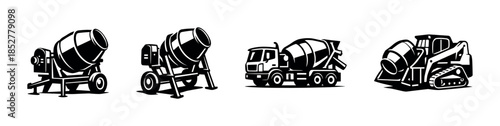Concrete mixer truck and machine, flat vector illustration, construction vehicles