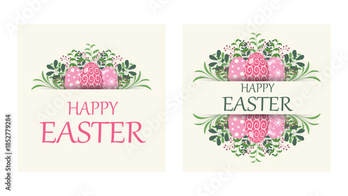 Happy Easter Floral Greeting Card with Decorative Eggs and Spring Leaves