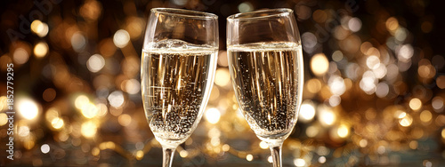 Two elegant champagne flutes filled with sparkling beverage, clinking together in celebration, against a backdrop of shimmering golden lights creating a festive atmosphere