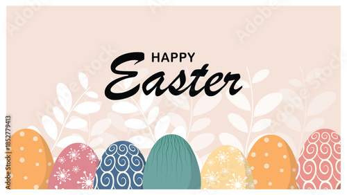 Happy Easter Greeting Banner with Decorative Eggs and Floral Background