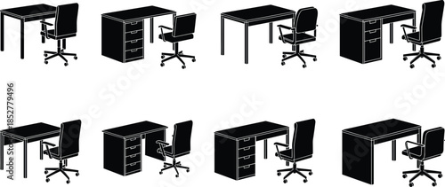 Isometric set of office desk and chair furniture vector collection, workplace icons in black silhouette for business, finance, and remote work, various modern desk design elements.