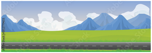 Mountain Landscape Illustration with Road, Green Field and Blue Sky
