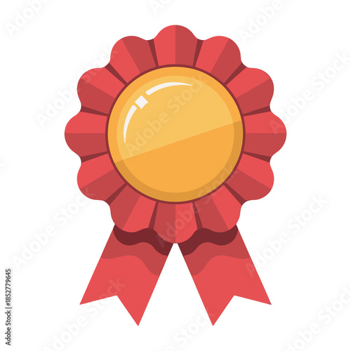 A red ribbon award with a golden center is shown against a white background.