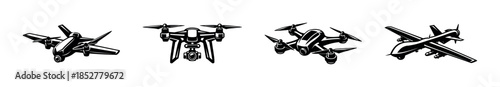 Quadcopter and drone collection, flying gadgets, flat vector illustration