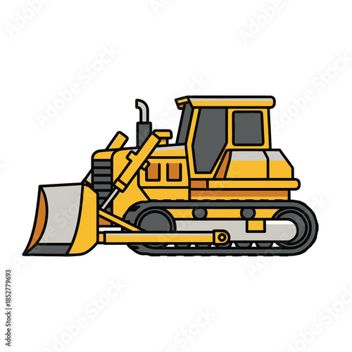 Stylized illustration of a yellow bulldozer with detailed components and modern design