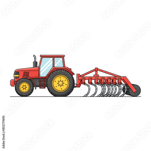 illustration of a modern agricultural tractor with tillage implement for farmland cultivation
