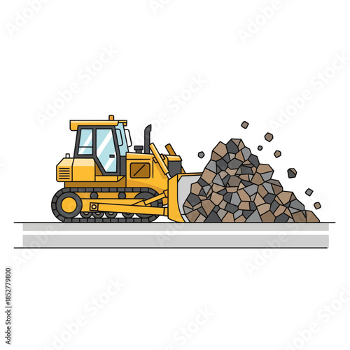Illustration of a bulldozer moving a pile of rocks on a construction site with clear details and