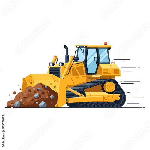Bright Yellow Caterpillar Bulldozer Operating on Construction Site with Dust and Moving Ground