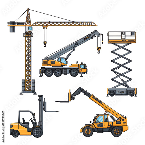 Comprehensive illustration of construction machinery including cranes and forklifts in a cohesive