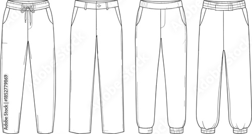 Set of Women's Trousers: Drawstring, Chino, and Jogger Style Pants, CAD Drawing Flat Vector Illustration