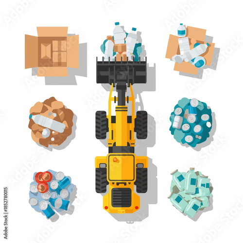 illustration of a yellow forklift surrounded by various piles of recyclable plastic waste and