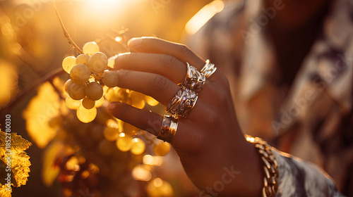 Elegant hand adorned with silver rings gently touches ripe grapes in a sunlit vineyard, showcasing the beauty of nature and fine jewelry in a serene outdoor setting