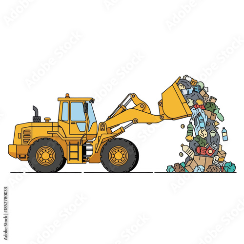 Yellow excavator actively scooping and transporting accumulated debris and waste materials for