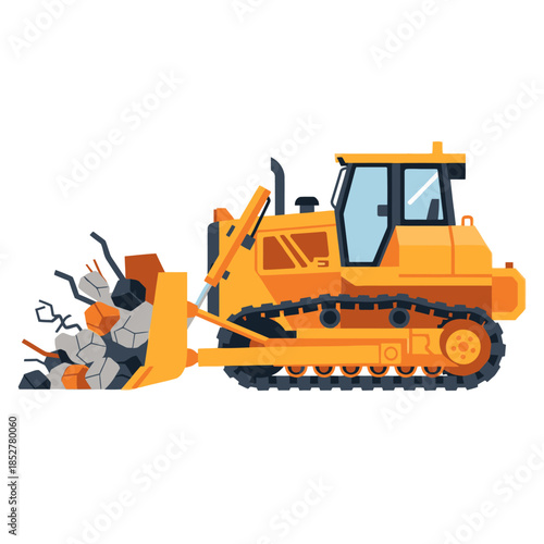 Illustration of a bulldozer demolishing rocks with a focus on construction machinery and heavy