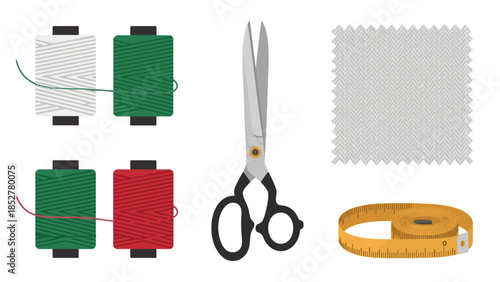 Sewing supplies thread spools, scissors, fabric swatch, and measuring tape illustration