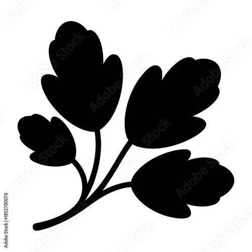 A simple black silhouette of a parsley sprig is presented.