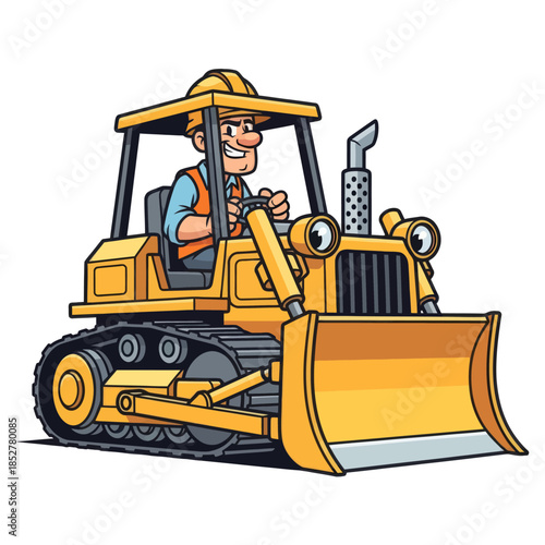 cartoon construction vehicle with animated operator operating a bulldozer with cheerful expression
