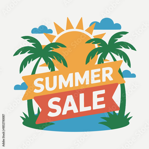 Summer sale banner with palm trees and sun symbolizes warm weather discounts.