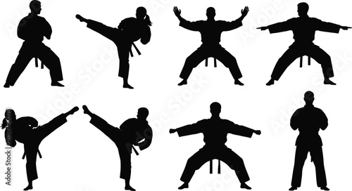 Karate and Martial Arts Silhouette Set, Man and Woman in Various Fighting Stances, Kick, Punch, and Training Pose Icon Collection, Isolated Vector DesignKarate and Martial Arts Silhouette Set, Man 