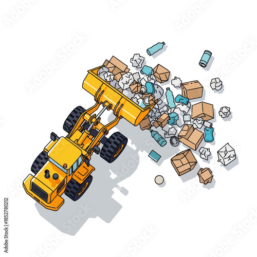 illustration of a yellow front loader clearing scattered packages and debris in an abstract