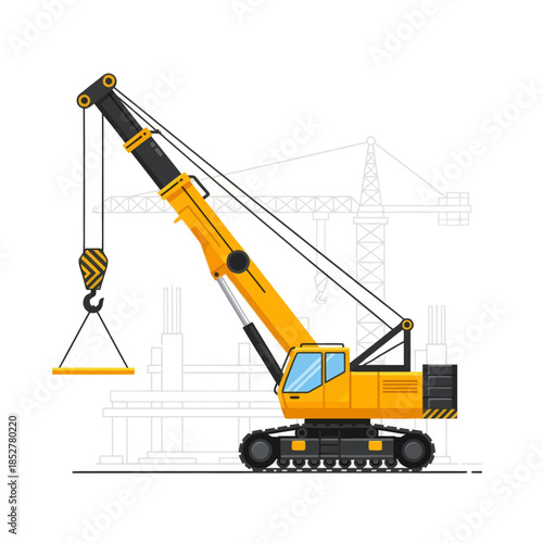 Construction crane with boom arm and hook working on building site with background infrastructure