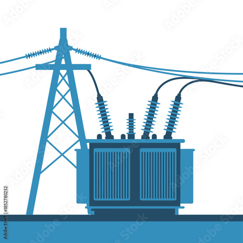 A power transformer is connected to a high-voltage electricity pylon for energy distribution.