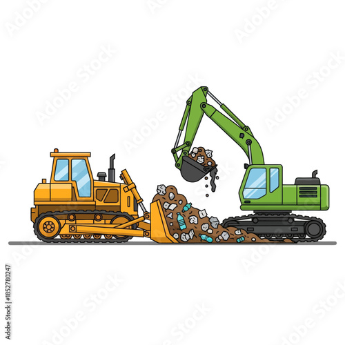 Construction site excavation with heavy machinery removing debris and rocks for land clearing and
