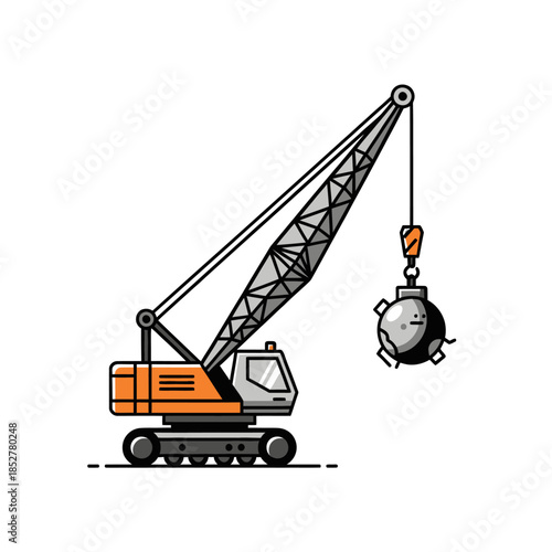illustration of a construction crane lifting a spherical object with safety equipment in a