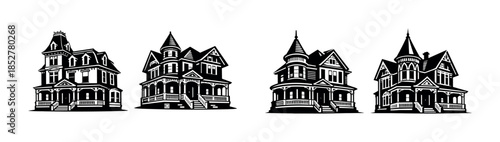Victorian house collection, flat vector illustration, architecture, vintage design