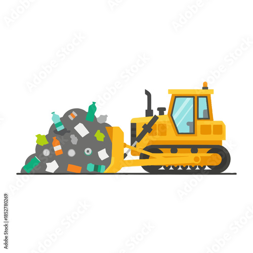 heavy construction equipment bulldozer pushing a large pile of trash and waste materials in a