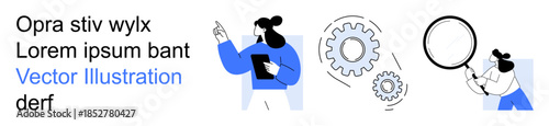 Collaboration, innovation, team projects, business analysis, productivity, problem-solving. Figures analyzing and working with gears and a magnifying glass. Collaboration and innovation concept
