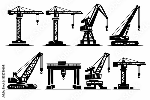 Construction cranes collection, lifting machines, flat vector illustration