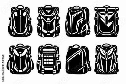 Backpack collection, flat vector illustration, hiking bags, travel rucksacks