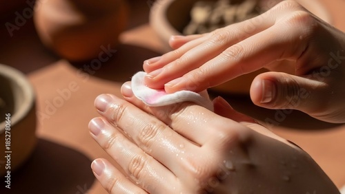 Hands applying skincare product with a cotton pad, suggesting a gentle beauty routine and self-care.