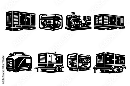 Generator collection, flat vector illustration, power equipment, black silhouettes