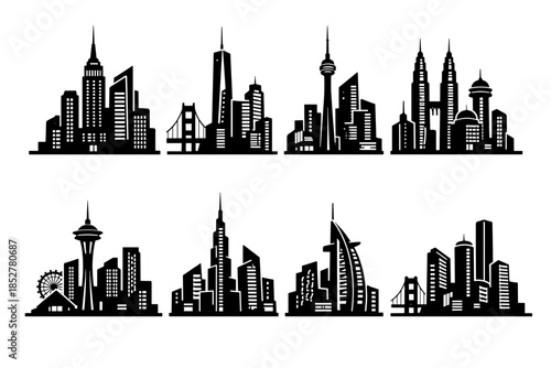 City skyline collection, famous landmarks, modern architecture, flat vector illustration
