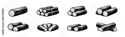 Wood log collection, flat vector illustration, timber, woodcut, firewood
