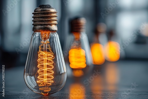 Glowing light bulbs on a glass table, reflecting in a blurred office setting. High quality. High quality