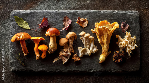 Assorted edible mushrooms displayed on a dark slate board, showcasing various shapes, colors, and textures, highlighting the beauty of natural ingredients in culinary arts