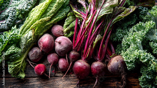 Fresh organic vegetables including vibrant beets and leafy greens arranged beautifully on a rustic wooden surface, showcasing the natural colors and textures of healthy produce
