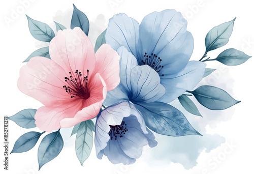 Beautiful watercolor floral arrangement featuring pink and blue flowers with green leaves on a soft background