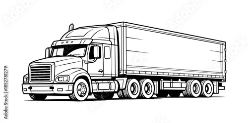 Truck and trailer outline, transportation, logistics, flat vector illustration
