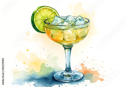 Refreshing cocktail served in a glass with ice and lime on a bright, colorful background