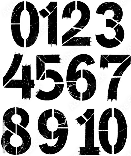 Bold, distressed black numbers displayed in a creative arrangement on a white background for design and artistic projects