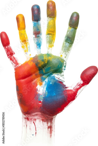 Colorful handprint shows creativity and artistic expression at an art workshop for children in a sunny environment
