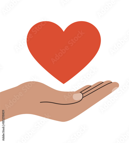 An open hand gently offers a red heart, symbolizing care and compassion.