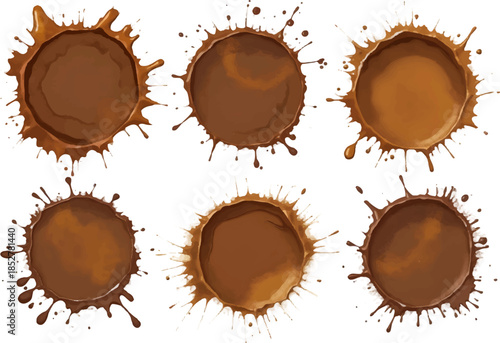 Coffee splash circles on a white background showcasing different sizes and patterns